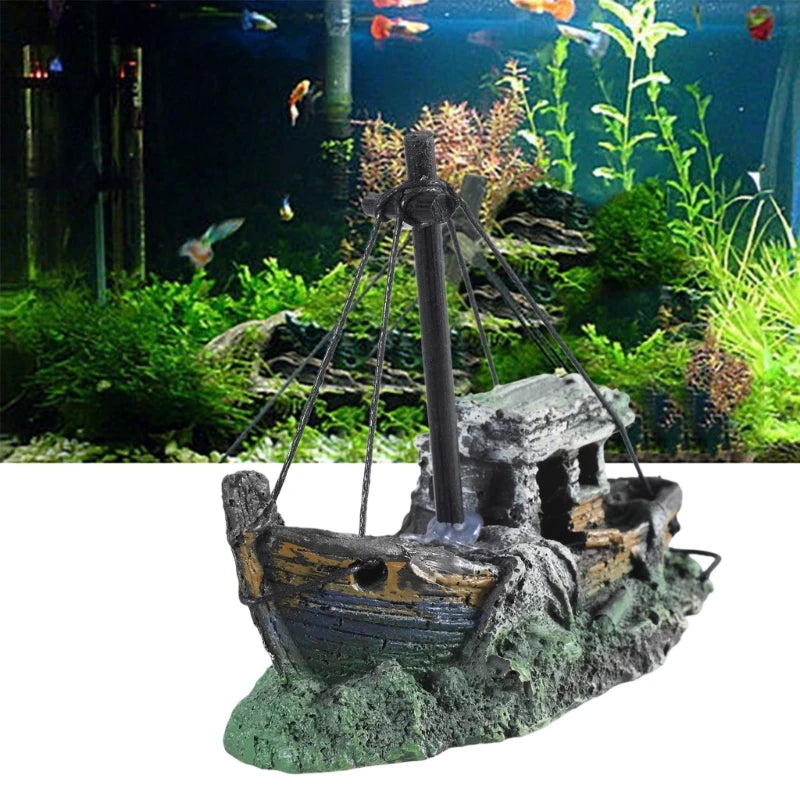 Aquarium Sunken Ship Decoration Resin Fishtank Ornaments Hideout for Hermit 12.5*6*10Cm Mini Retro Boat Statues