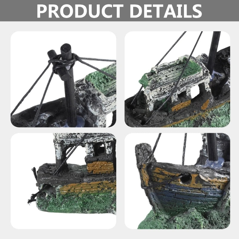 Aquarium Sunken Ship Decoration Resin Fishtank Ornaments Hideout for Hermit 12.5*6*10Cm Mini Retro Boat Statues